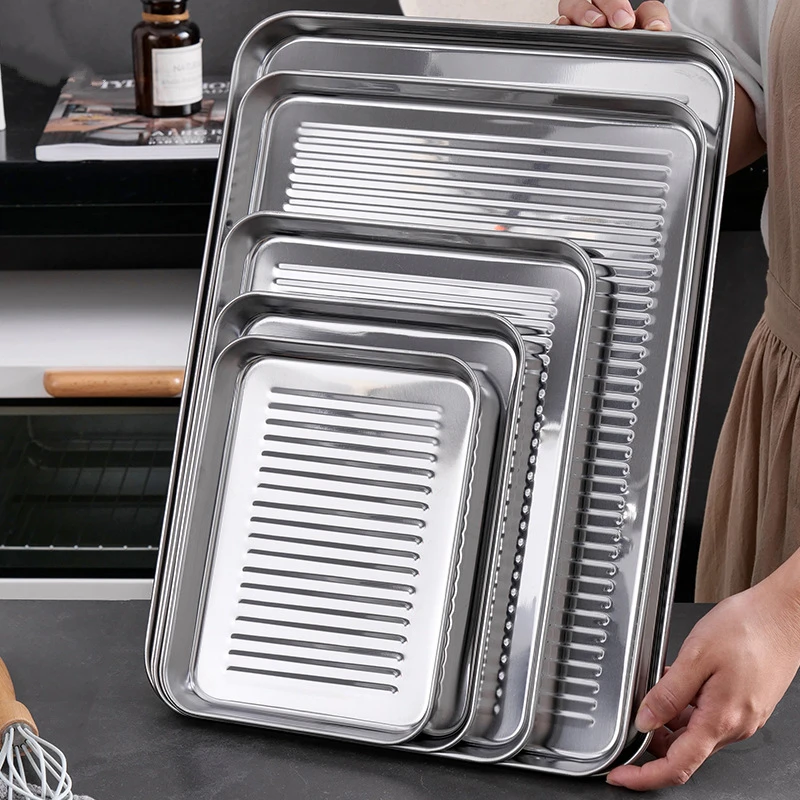 

Stainless Steel Serving Trays with Lid Kitchen Steamed Sausage Dish Rectangle BBQ Seafood Plate Large Pastry Food Baking Pans