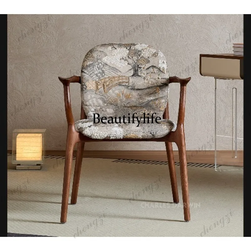 New Chinese designer solid wood armrest dining chair medieval art fabric tea chair book chair