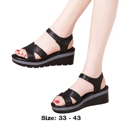 High quality summer wedge leather sandals for women 6cm high heel 2024 size 33 34 43 platform open toe elegant shoe black white