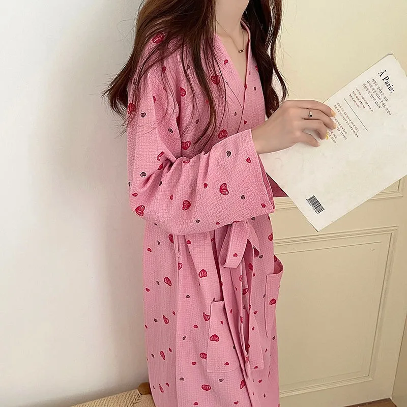 2024 New Pajama Robes Spring Autumn Winter Sleepwear Korean Version Sweet Bathrobe Long V-neck Belted Homewear Loose Loungewear