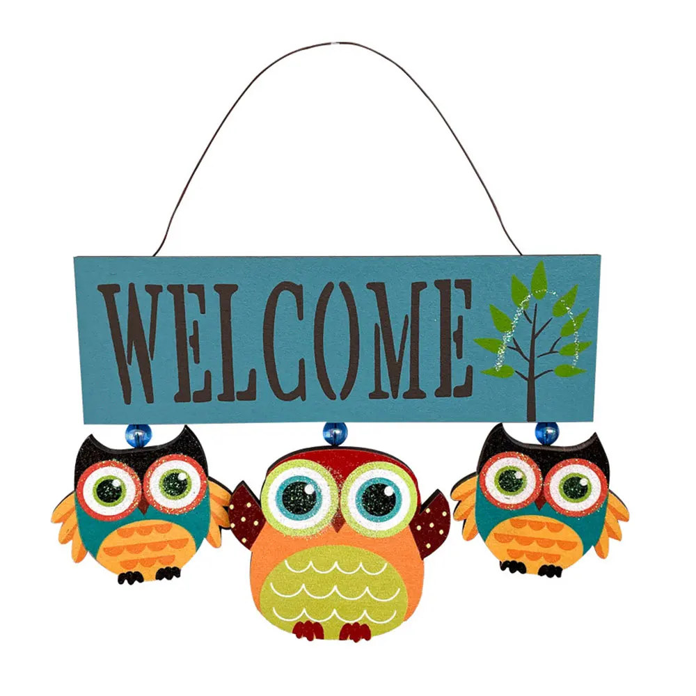 Welcome Sign Wooden Hanging Front Door Decor, Rustic Welcome Door Sign Owl Farmhouse Porch Decoration for Home Garden Outdoor