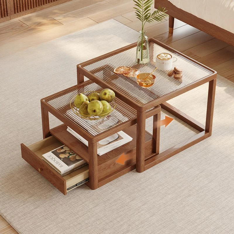 

Changhong glass tea table small size square tempered table face mother pull type solid wood ash tea table