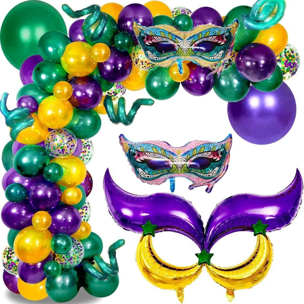 114PCS Mardi Gras Balloons Decoration Mardi Gras Mask Moon Star Foil Balloons  for Mardi Gras Wed Birthday Carnaval Decorations