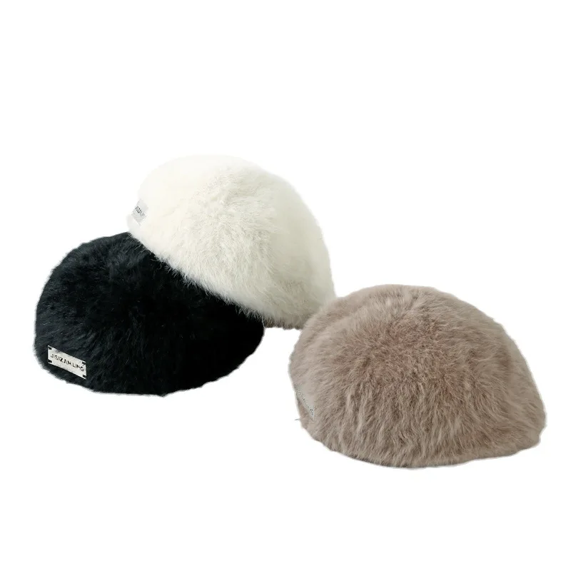 Rabbit Fur Berets Hat Women Autumn Winter Warm Reverse-Wearing Beret Korean Retro Versatile Forward Hats Solid Color Painter Cap