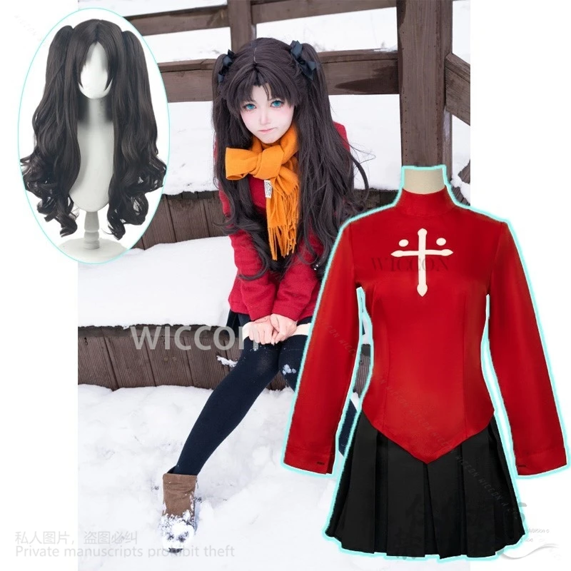 

Tohsaka Rin Аниме Игра Fate Stay Night Косплей Костюм Красная Рубашка Юбка Платье Черный Лолита Двойной Хвост Парик Хэллоуин Рождество