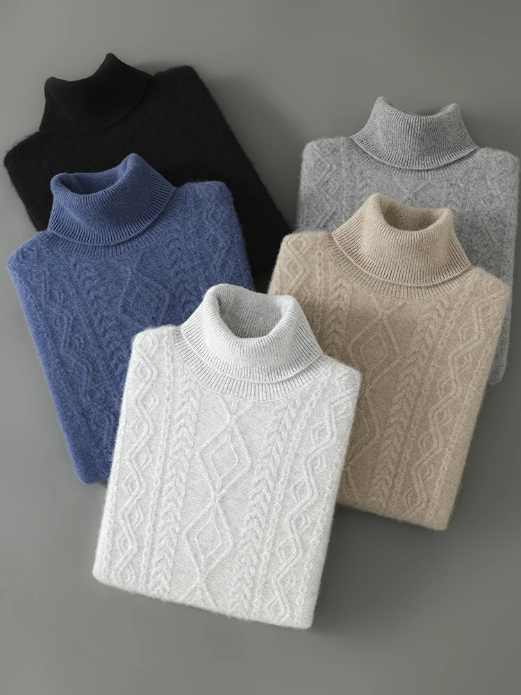 

Men Fall Winter Turtleneck Sweater Knitted Jacquard Soft Pullovers 100% Pure Wool Jumpers Basic Warm Sweaters For Man 2025 New