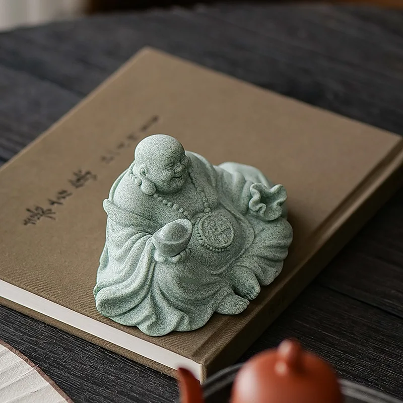 Green Sandstone Laughing Buddha Statue Chinese Buddhist Figures Zen Buddha Home Room Office Wealth Luck Feng Shui Decor