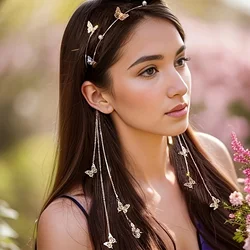 Korean Butterfly Hairbands Crystal Rhinestone Long Tassel Pearl Shiny Women Chain Headband Headwear Headdress Jewelry