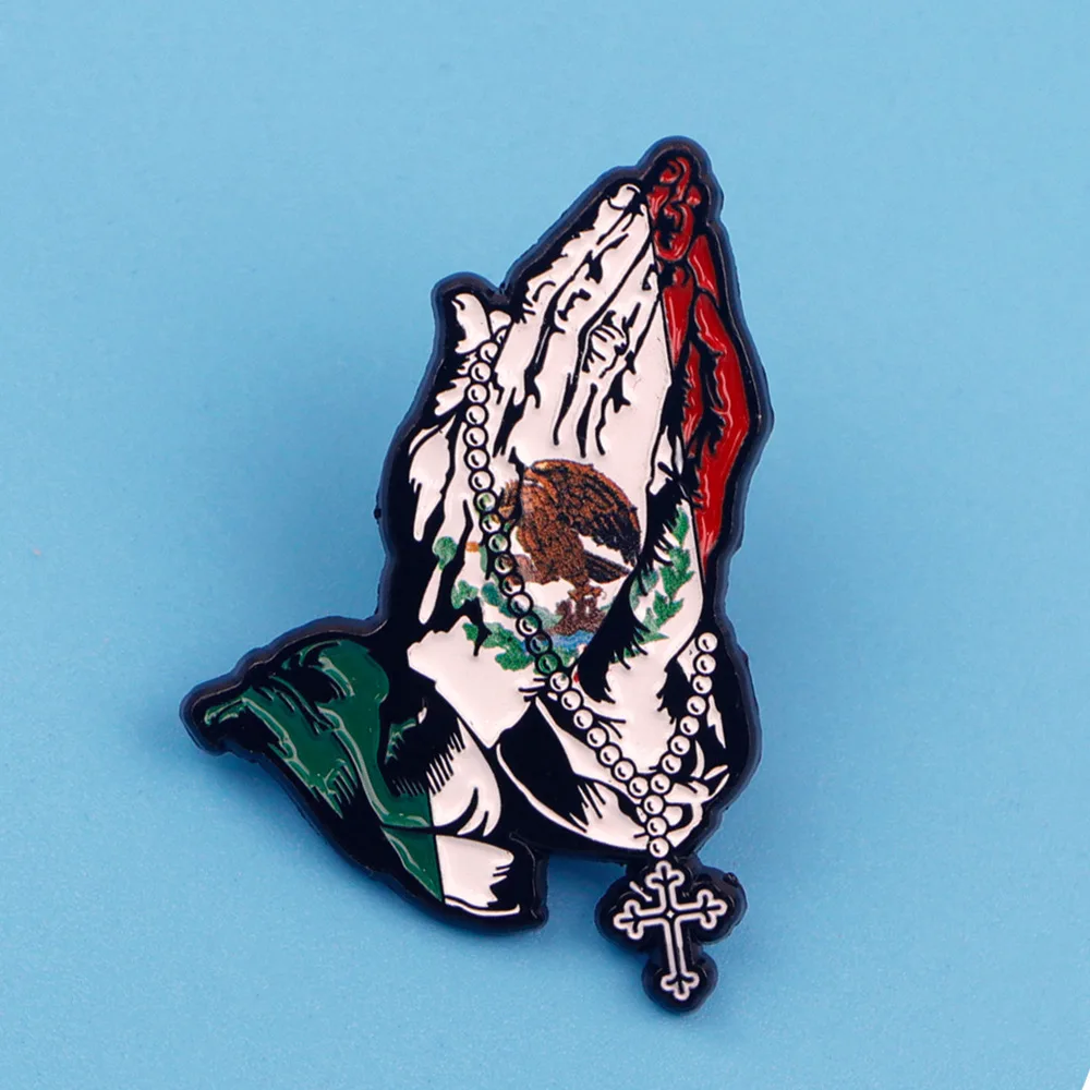Spiritual Flag Pattern Praying Hand Pin Faith Cross Lapel Brooch Badge Accessory for Jackets Bags Hats Decor