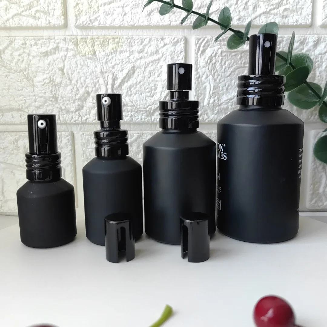 HotSale Matte Black Slant Shoulder Mist Spray Emulsion Bottle Glass for Cleaning Products Oil ContainerRound Glass Black Frosted