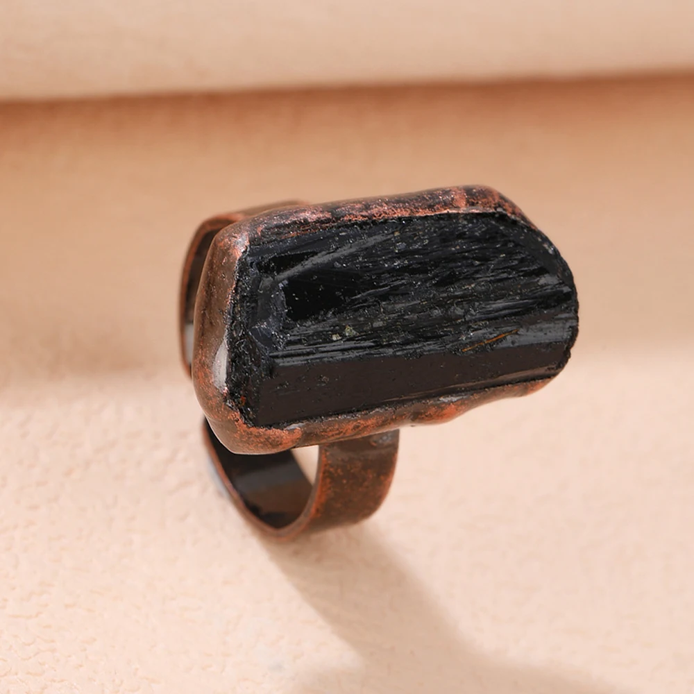 Adjustable Ring Irregular Black Tourmaline Natural Stone Reiki Healing Crystal Bronze Metal Open Rings Gift for Women Jewelry view 2