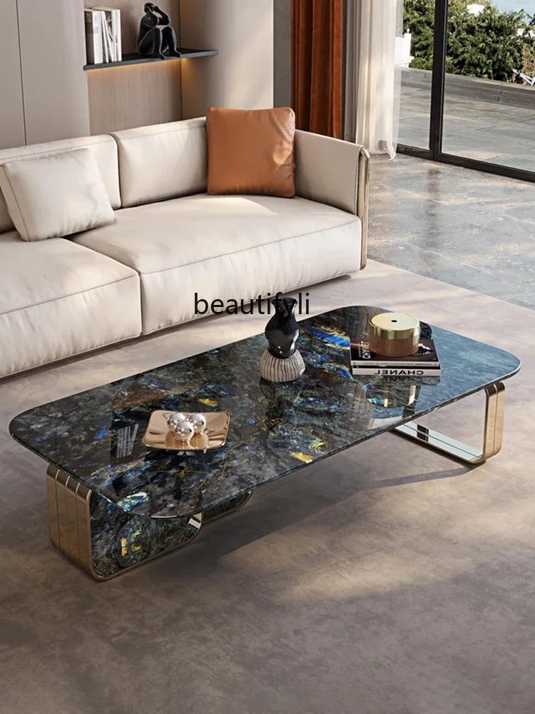 Natural Marble Tea Table Italian Style Light Luxury Microlite Stainless Steel Tea Table Living Room Home Combination
