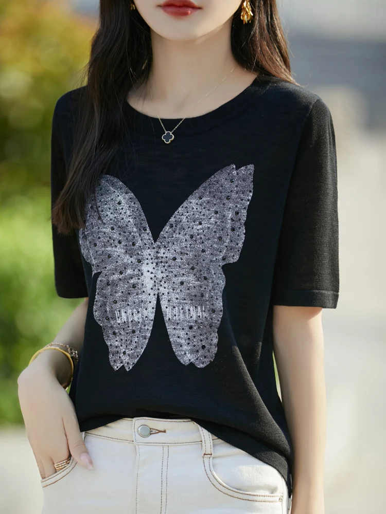 

Summer new butterfly jacquard round neck bamboo knot linen knitted short sleeved women's loose thin T-shirt top