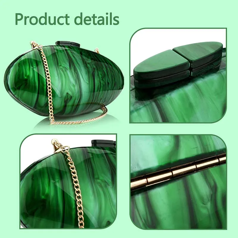 Geometric Acrylic Clutch Bag With Chain Marbling Green Acrylic Purse Box Oval Designer Fashion Shoulder Bag Summer Hand Bags