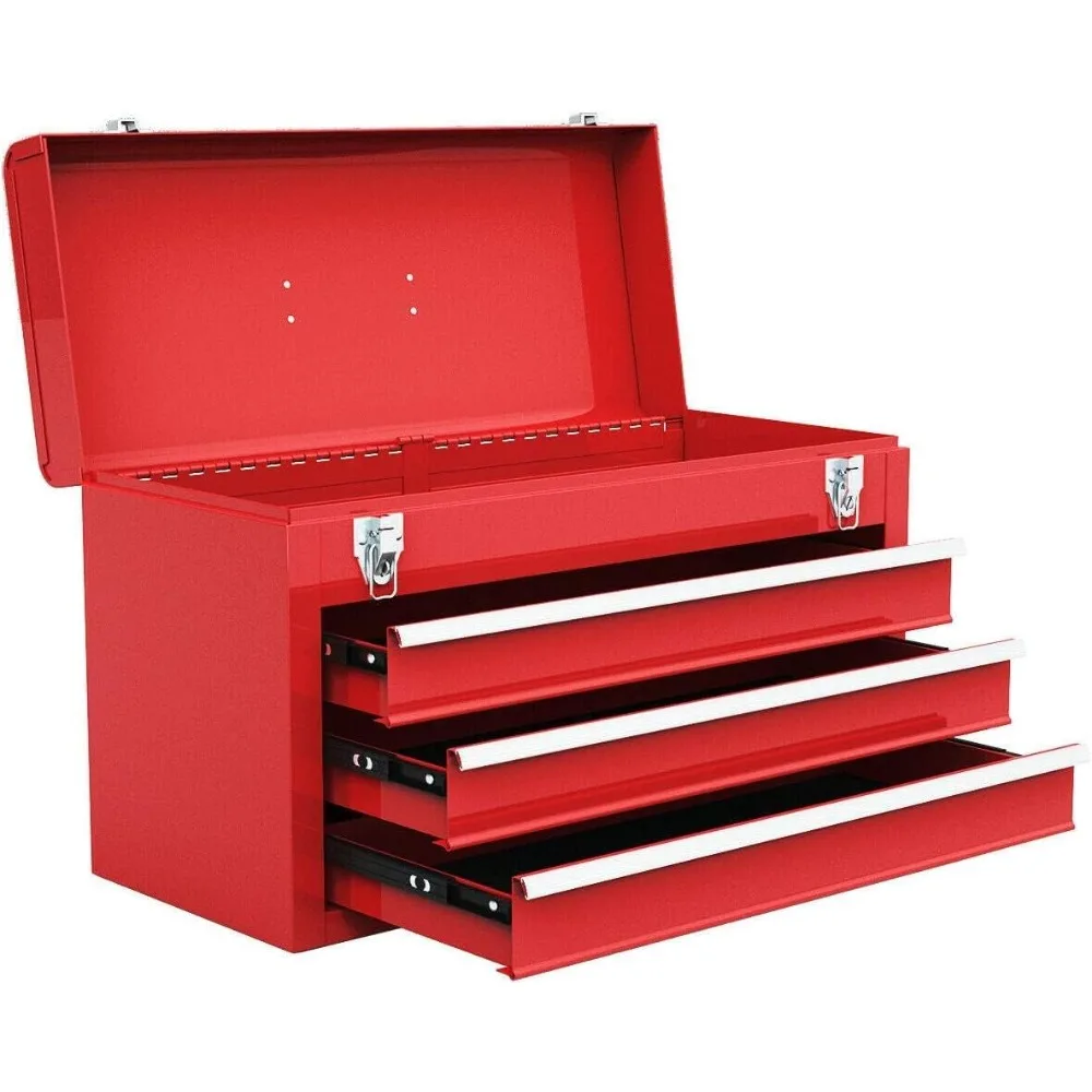 

XMSJ Portable Steel Tool Box, 20.5'' Toolbox w/ 3 Drawers & Top Storage Tray, Tool Storage Chest w/Double Latch System