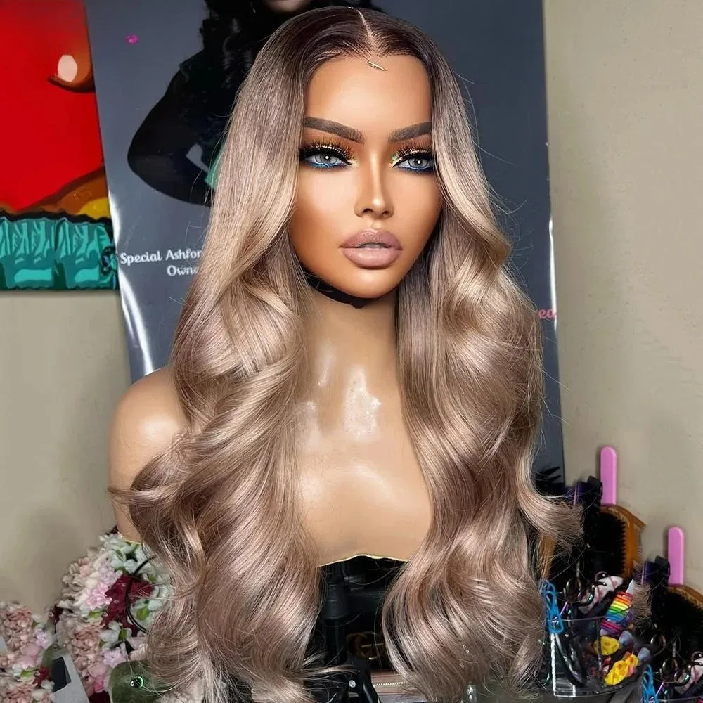Ombre Ash Blonde Body Wave Highlight Party Wigs Dark Roots Glueless HD 13x4 Synthetic Lace Front Wig Pre Plucked For Women Daily