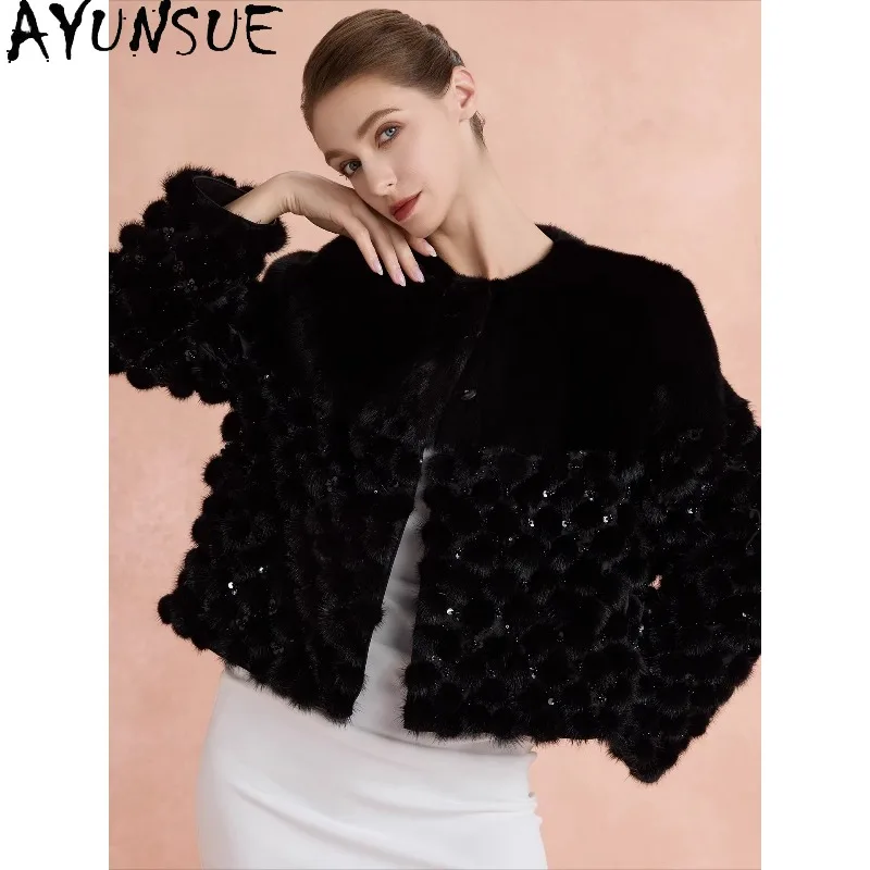 

AYUNSUE Real Fur Coat Woman Luxury Coats for Woman Winter Whole Mink Fur Jacket Short Outerwears Woman Clothes Manteau Femme