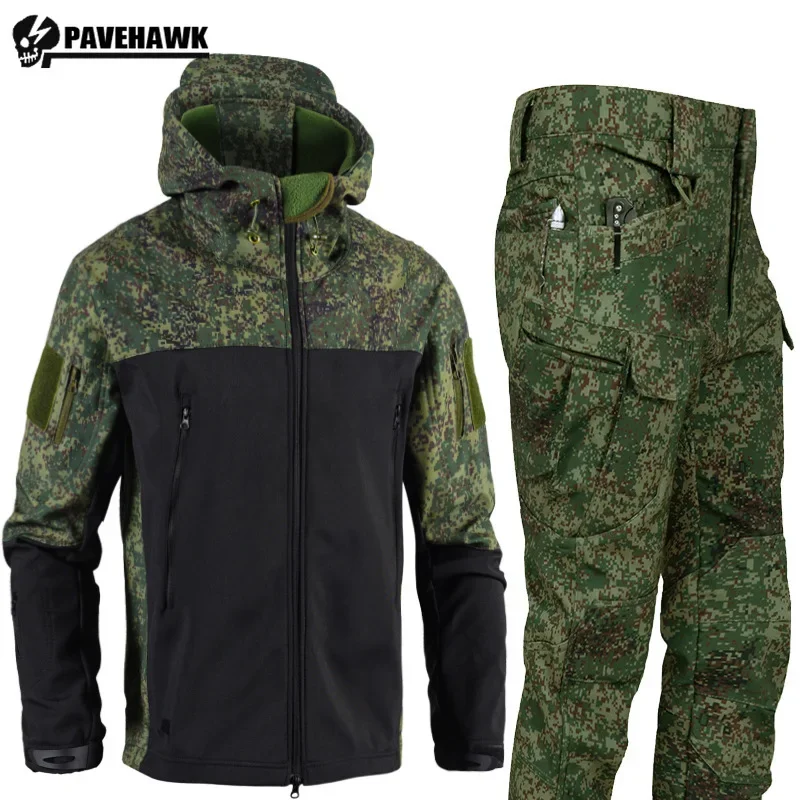 

Thicken Mens Train Set Fleece Patchwork Camo Hooded Jacket+Wear-resistant Overalls Combat Uniform Waterproof Warm Tactics Suits