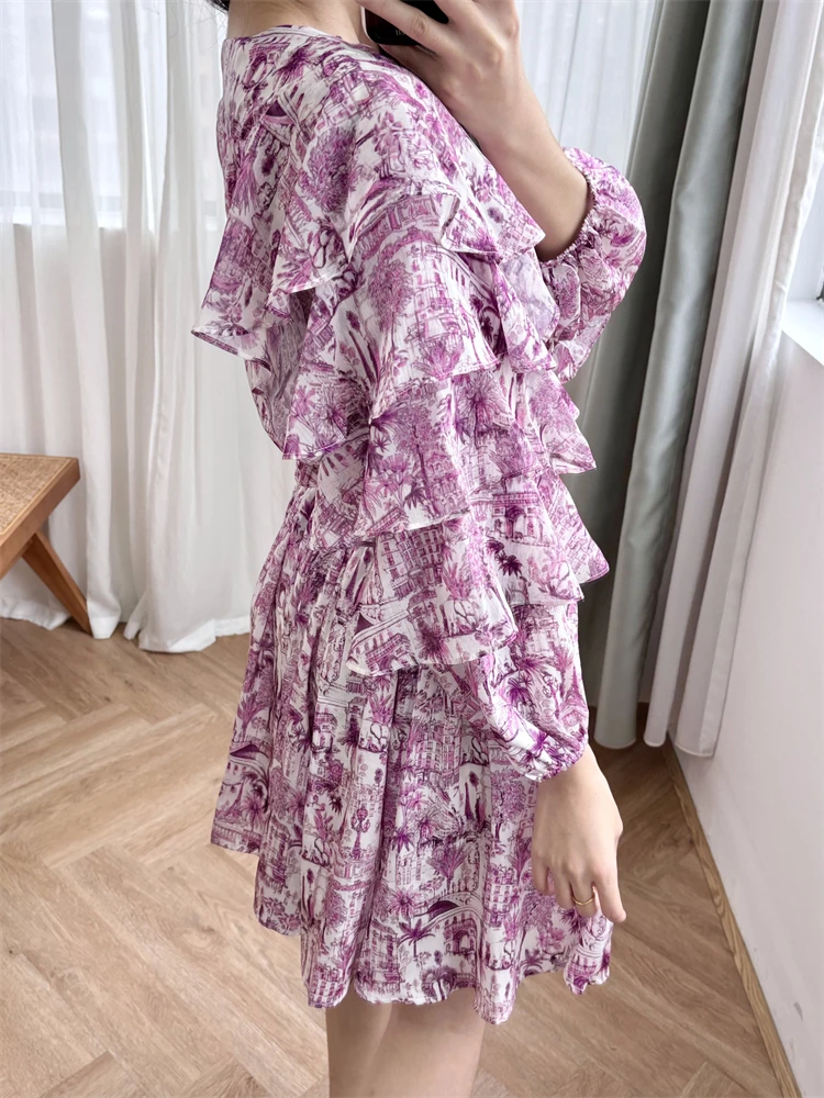 New 2024 High Quality Women Coconut Tree Printed Short Dress Ruffle Edge Beach Style A-Line V-Neck Elegant High Street Chic M