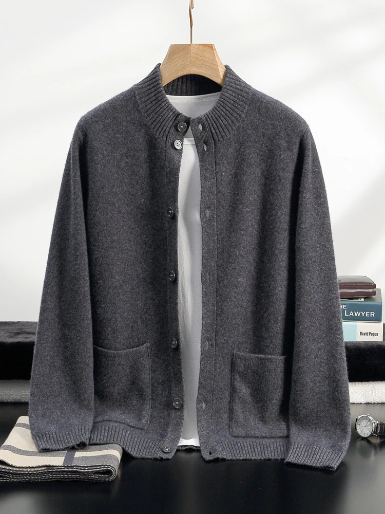 High Quality Men 100% Cashmere Sweater Autumn Winter Thick Buttons Cardigan Mock-neck Smart Casual Coat Warm Cashmere Knitwear