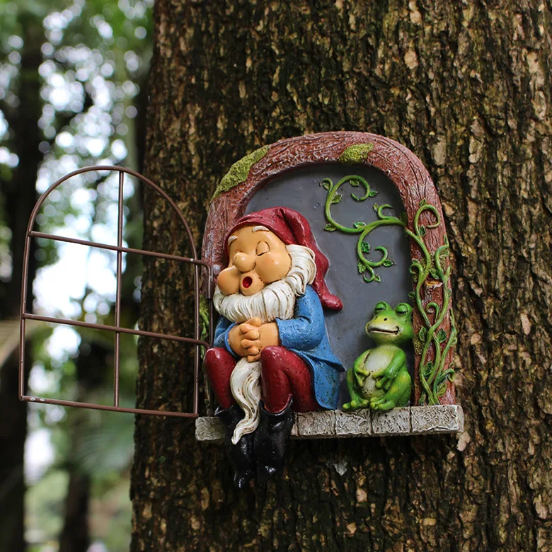‌Resin Sleeping Gnome Window Decor - Handmade Garden Ornament, Cute Dwarf Hanging Figure for Balcony