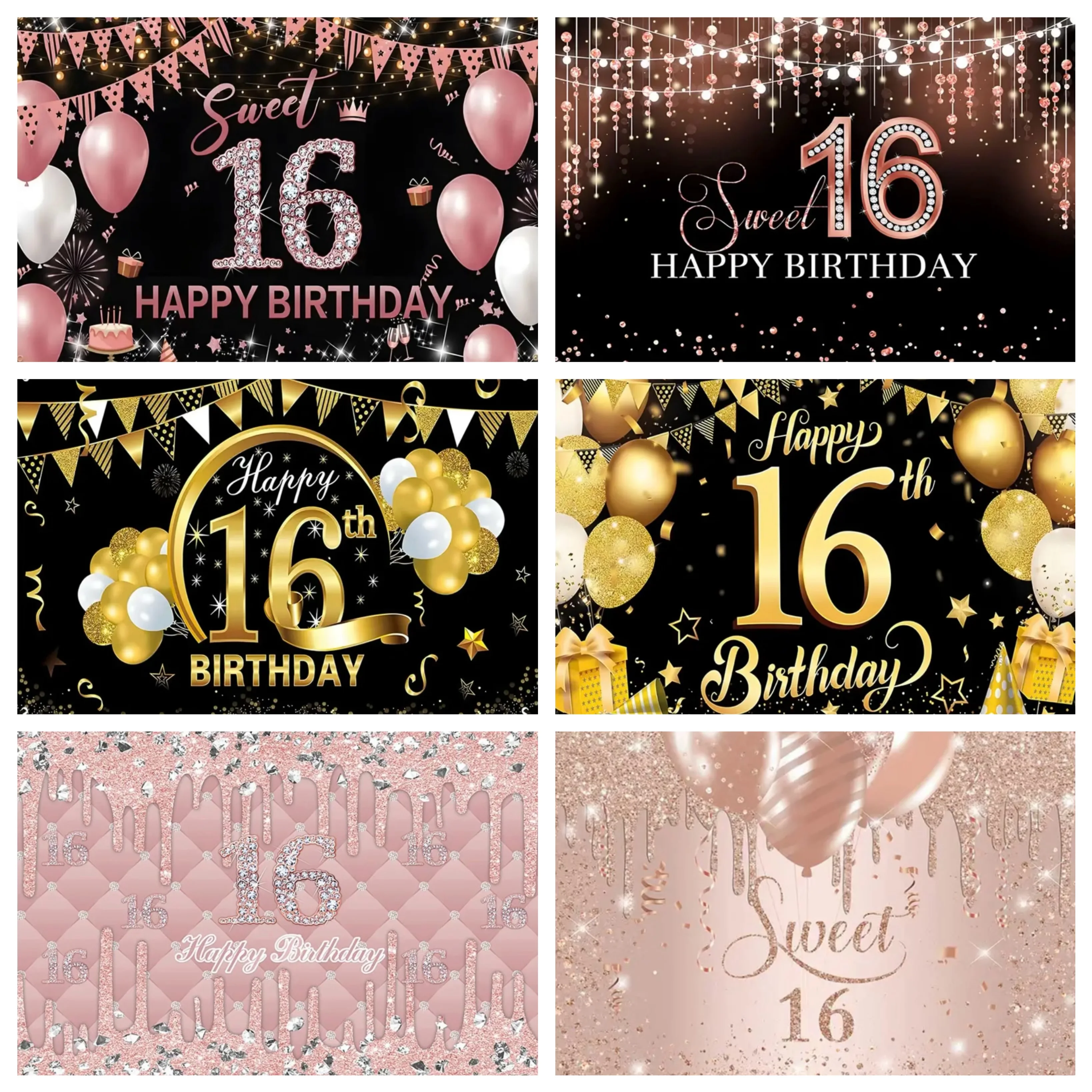 Sweet Gold 16th Birthday Backdrops Girls Boys Sixteen Years Old Birthday Party Background Decoration Props Banner Poster Photo