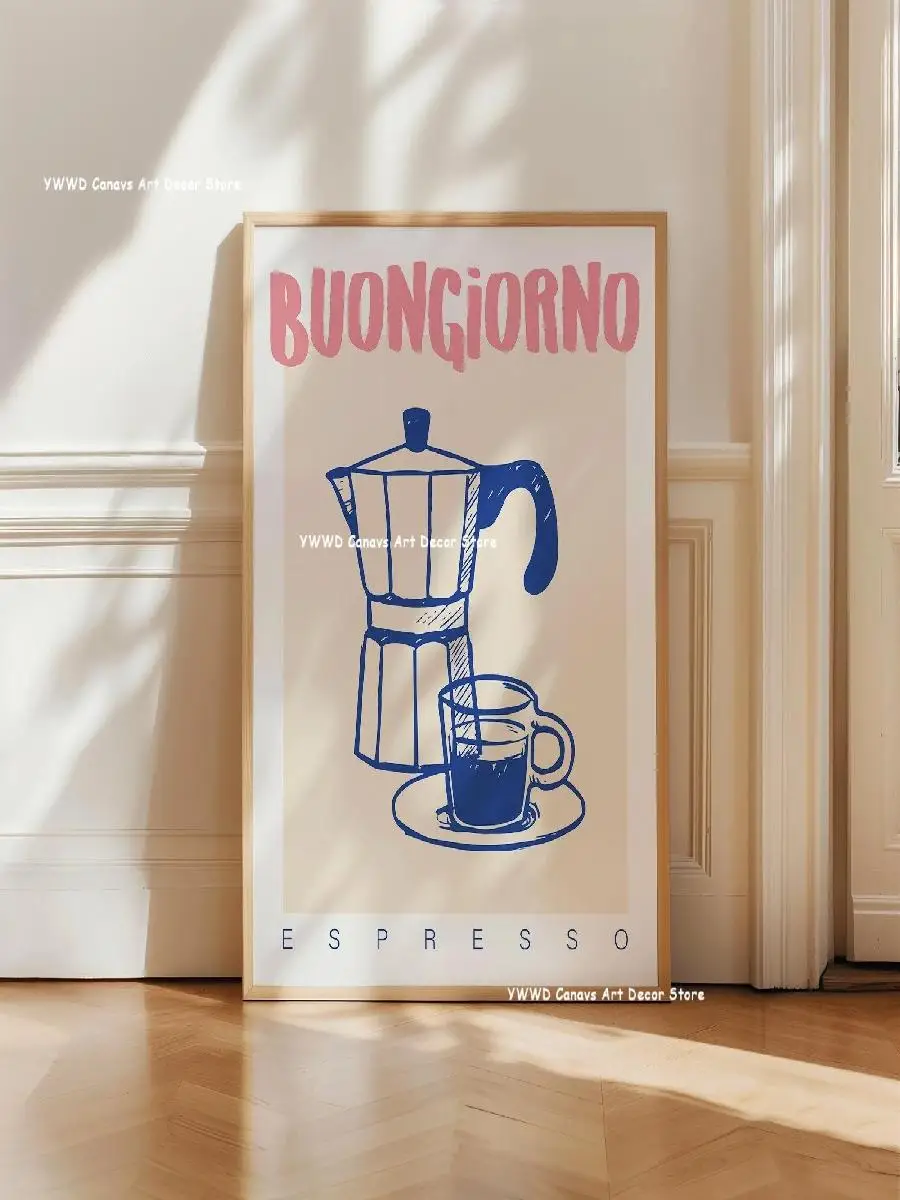 Bon Appetit Typography Kitchen Canvas Print Moka Pot Espresso Art Poster for Modern Living Room Dining Room Home Decor Gift