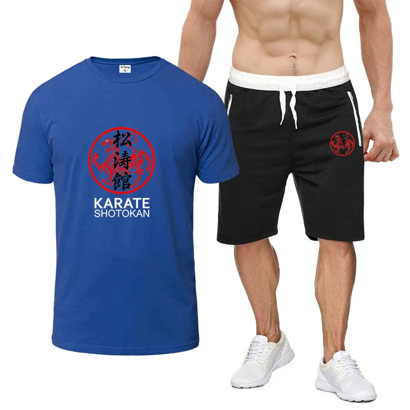 2024 Summer New Men's Shotokan Karate Logo Print Fashion Solid Color Crewneck Short Sleeve+Casual Joggers Sweatpants Cotton Sets