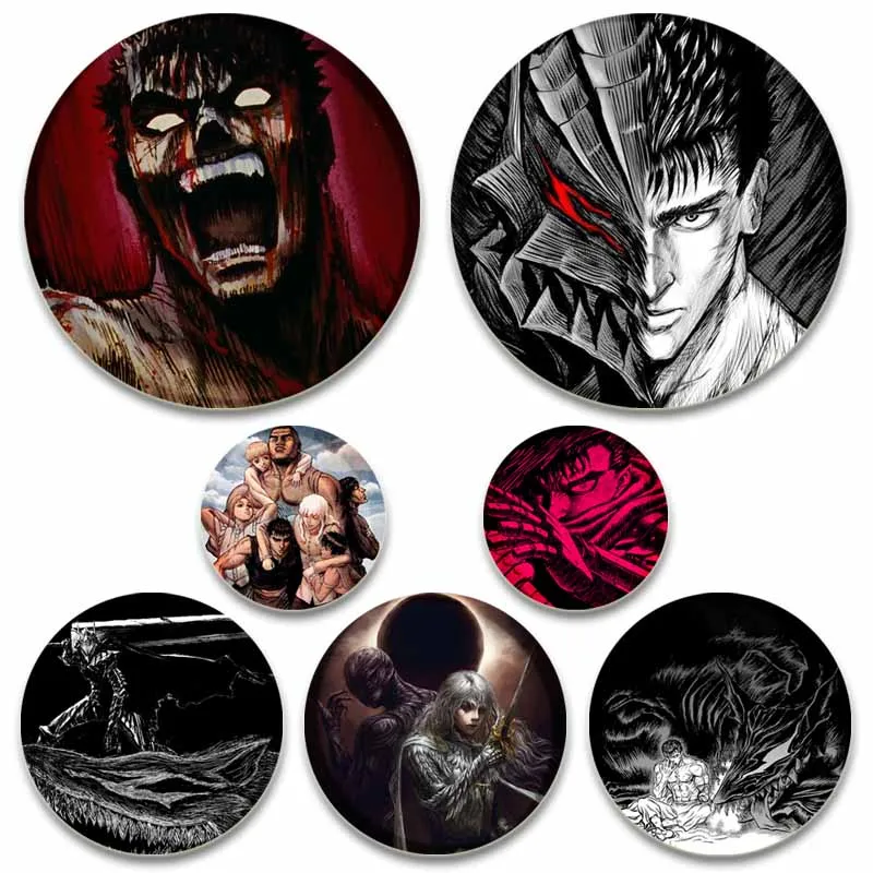 58mm Round Anime BERSERK Enamel Pins Black and White Handmade Brooch Cartoon Cosplay Badge on Backpack Jewelry Accessories Gifts