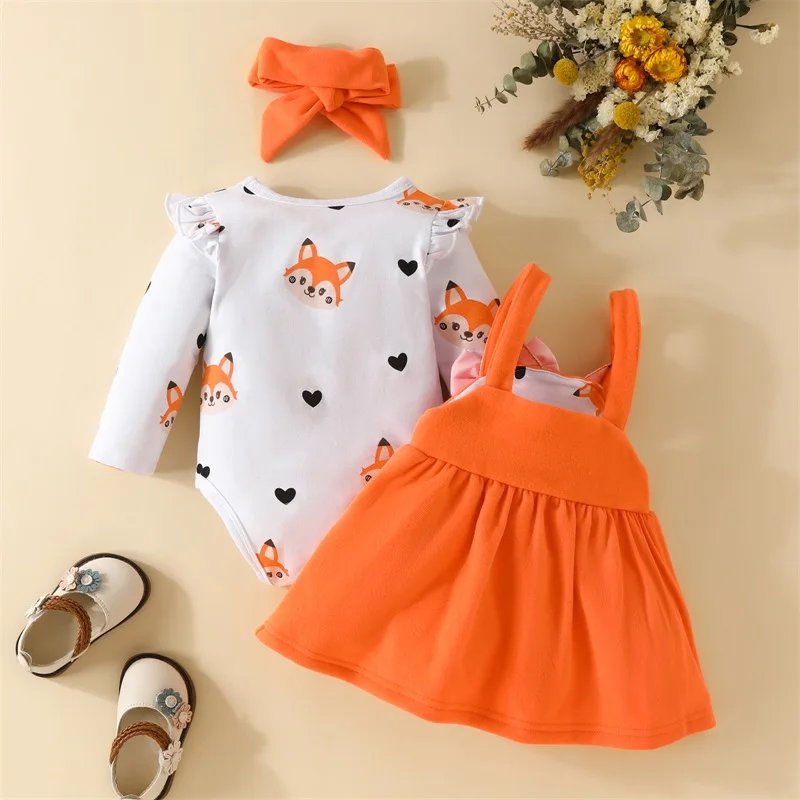 Newborn Baby Girls Autumn Outfits Casual Long Sleeve Cartoon Fox Print Romper Orange Suspender Skirt Headband 3pcs Clothes Sets