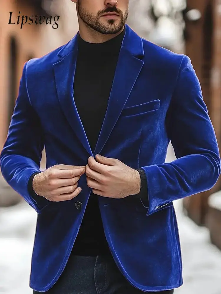 

Luxury Slim Fit Velvet Jackets For Mens Casual Solid Color Single-breasted Suit Jacket Coat Spring Fall Vintage Lapel Blazers