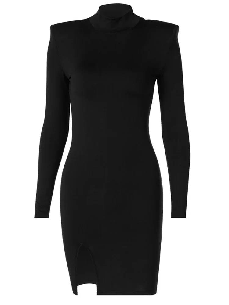 Kobiety Wiosna Jesień Długi rękaw Bodycon Soild Color Black Slim Package Hip Mini Sukienka Odzież Damska Streetwear