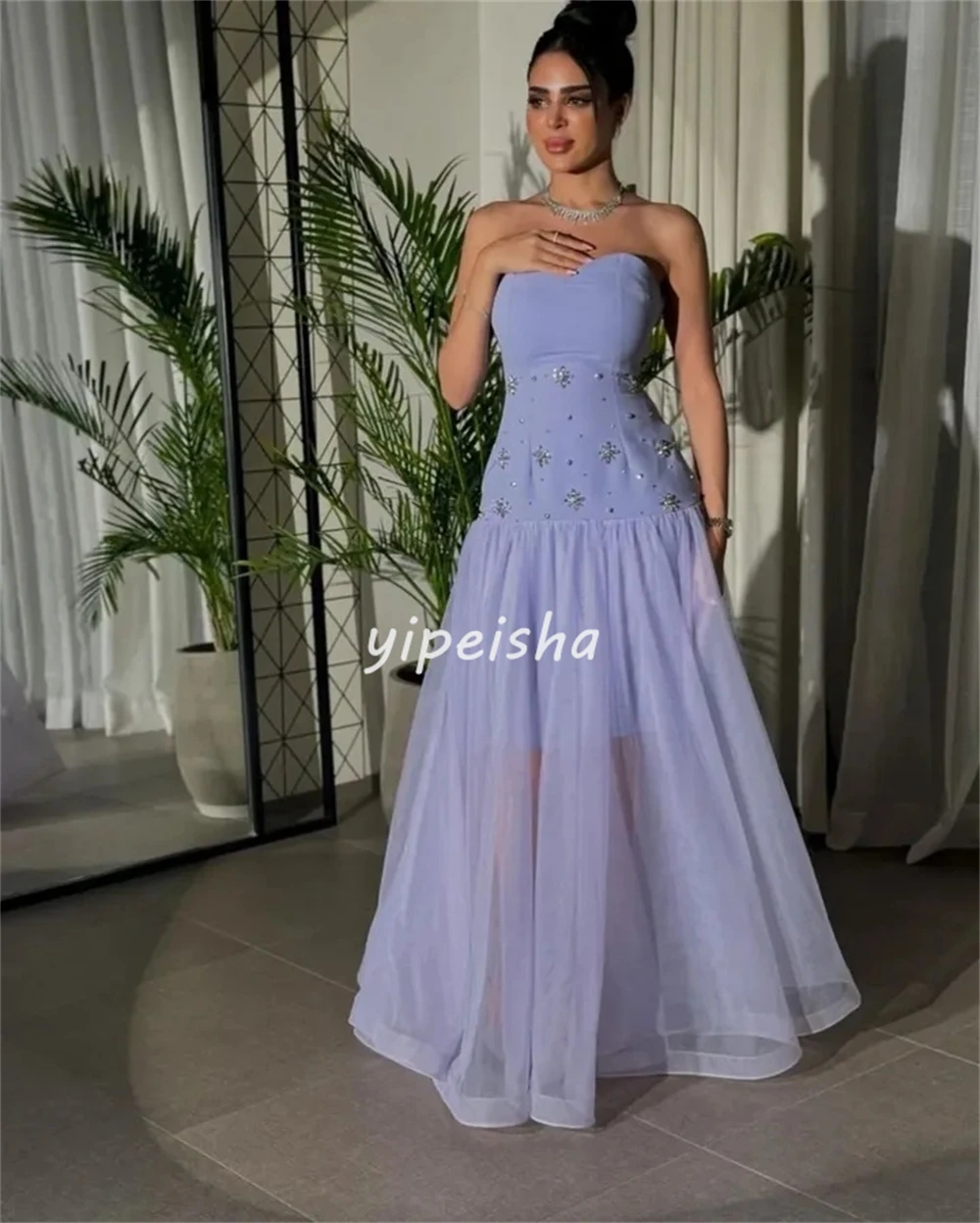 Personalizado clássico elegante jérsei strass plissado a linha sem alças vestidos longos sob medida vestidos de ocasião de alta qualidade correspondência