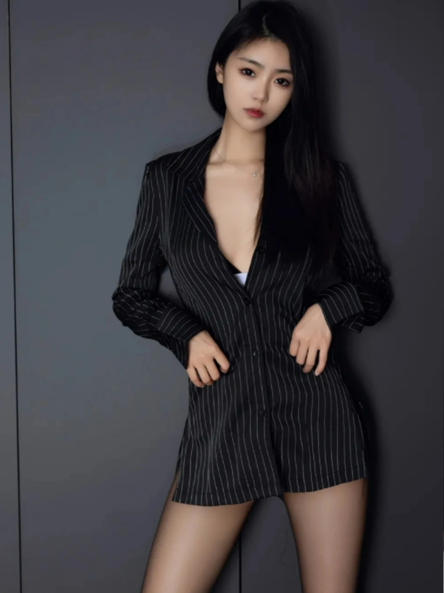 Sexy OL Office Secretary Uniform Set Teacher Slim Medium Length Striped Coat Women Spring Autumn