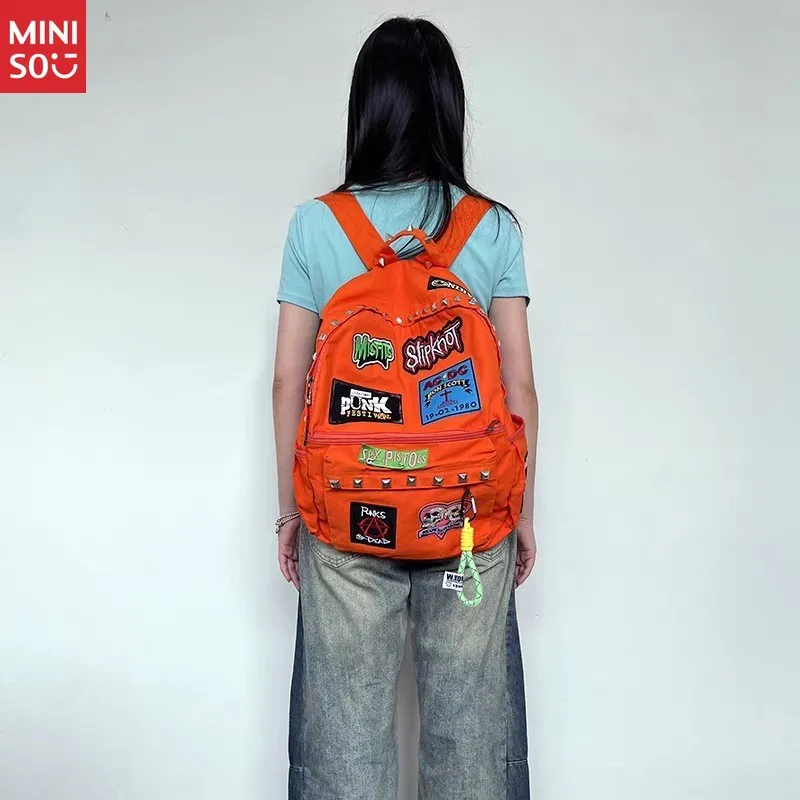 

Miniso Punk Rock Embroidery Backpack, Y2K Studded School Bag for Girls, Alternative Grunge Bookbag