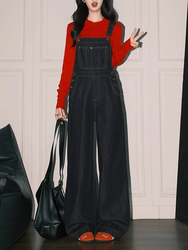 Salopette di jeans blu retrò da donna a vita alta ampia anti-età gamba larga tuta drappeggiata comoda pantaloni lunghi da pendolarismo