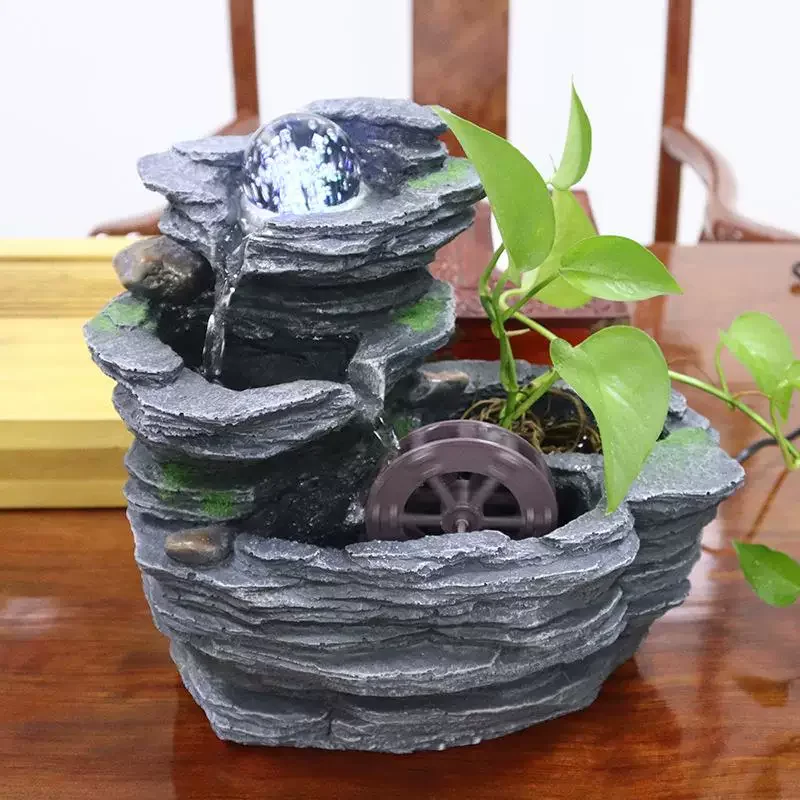 

Small Flowing Desktop Resin Fountain Waterfall with Fish Tank LED Home Office Decorative Vase