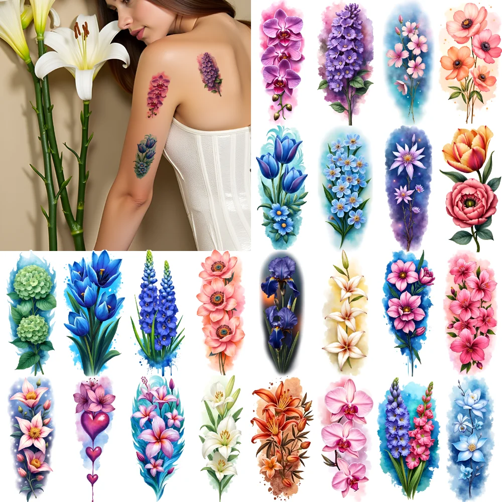 9 Uds tatuaje temporal flores naranjas tatuajes temporales realistas rosas rojas lavanda pegatinas corporales impermeables de larga duración para