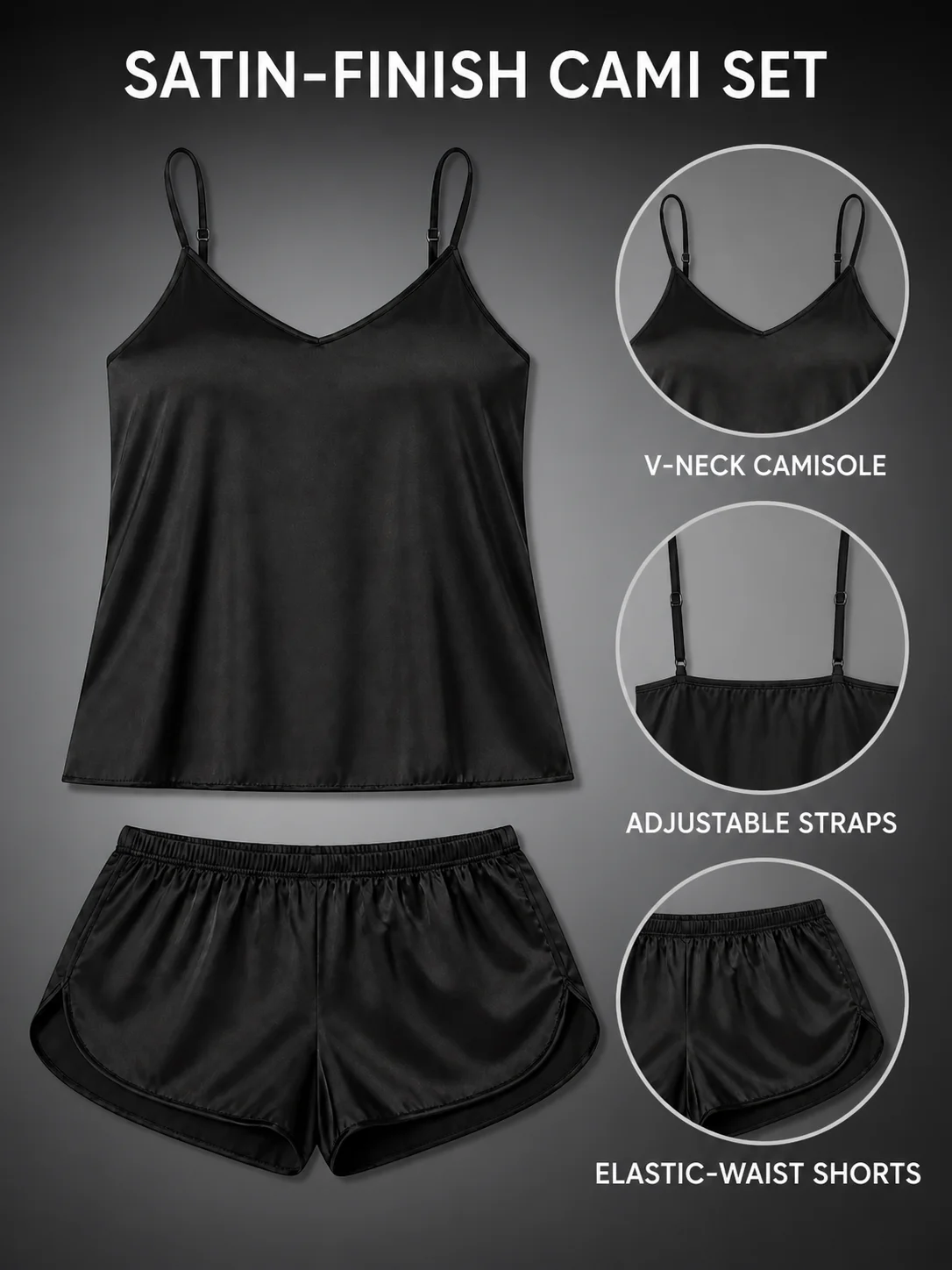 Damen-Pyjama-Set mit Satin-Finish, V-Ausschnitt, verstellbaren Trägern, Camisole und Shorts aus Polyester-Elasthan, Einheitsgröße, Nachtwäsche – Detail 1