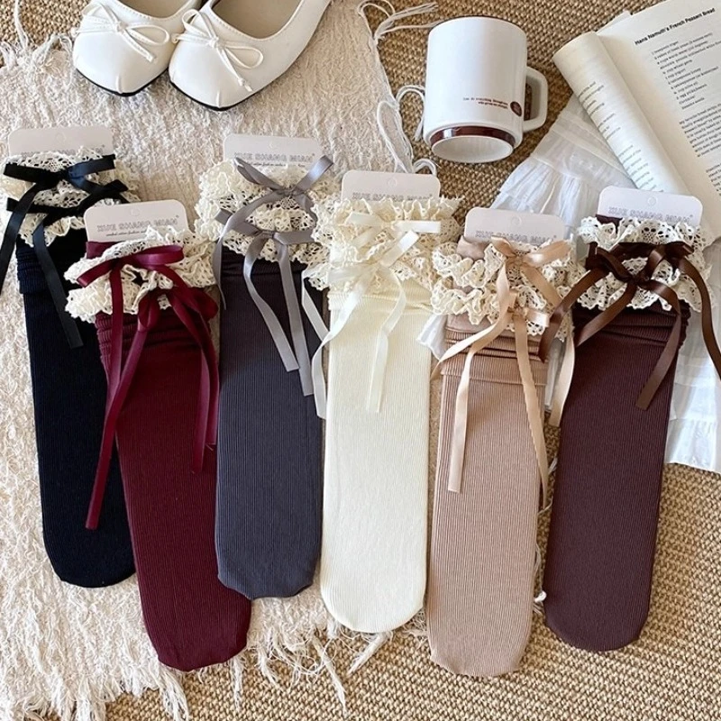 

Носки в стиле Лолиты с кружевной отделкой и бантом и рюшами, носки до середины икры с оборками, корейские чулочно-носочные изделия в стиле Ins для милых женщин, повседневная одежда