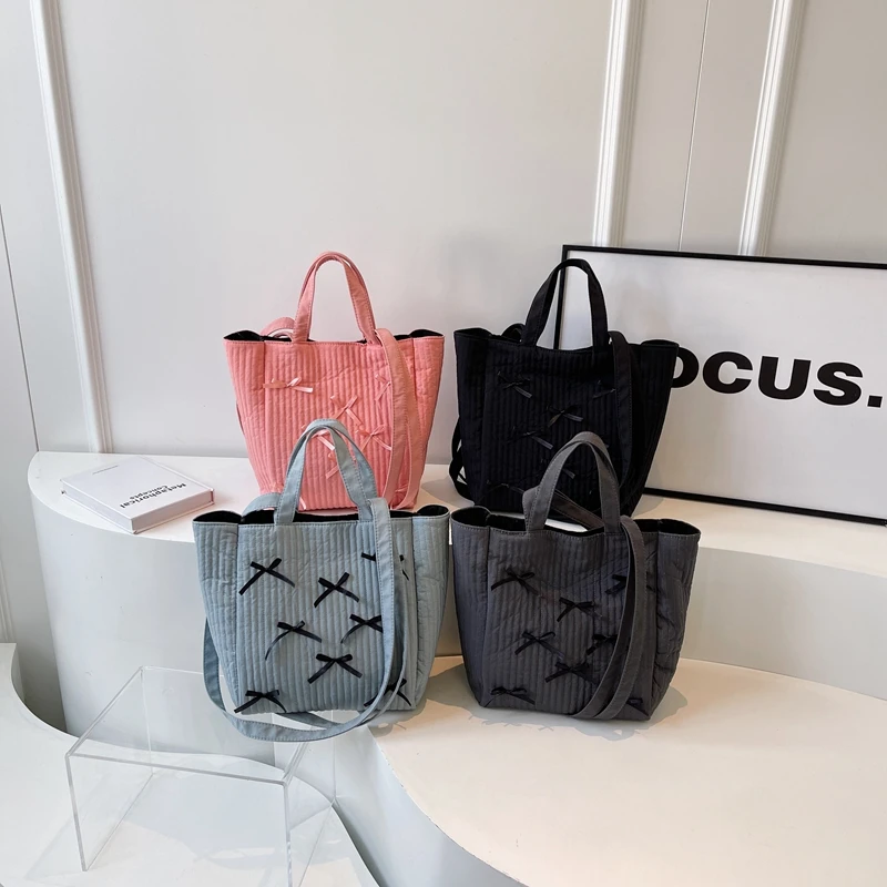 Bow Design Y2K Solid Color Soft Cloth Design Shoulder Bags For Women 2024 Korean Fashion Females Small Shopper Shopping Handbags