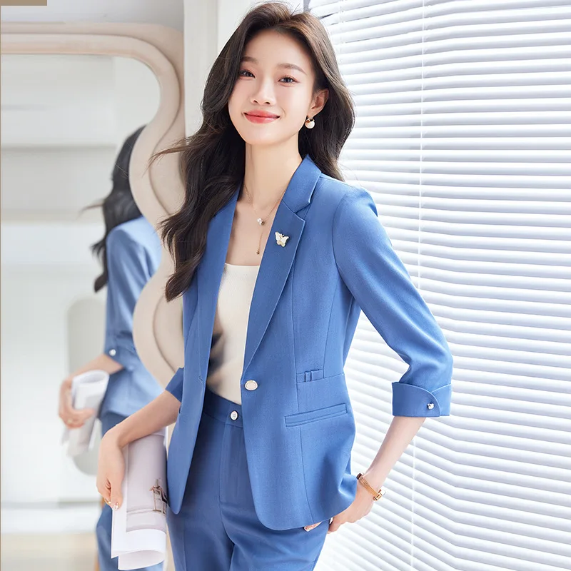 2024Spring and Autumn New Blue Color 3/4 Sleeve Professional Small Suit Collar Coat Women's Pants Elegant Two-Piece Suit