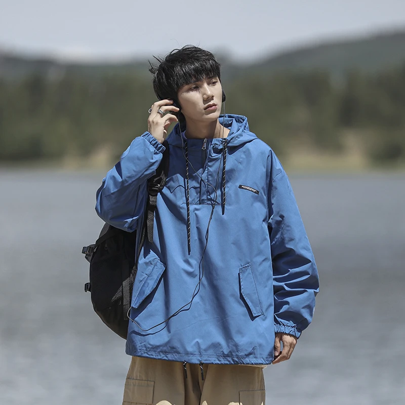 

Мужская демисезонная куртка для активного отдыха, повседневная, свободного кроя, ветрозащитная, на молнии, с капюшоном, однотонная, модная верхняя одежда