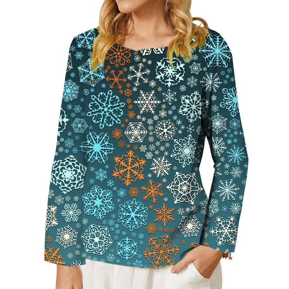 CLOOCL-Camiseta con estampado de copo de nieve para mujer, ropa de fiesta de Feliz Navidad, holgada, informal, de manga larga, blusa Vintage