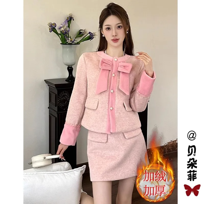 French Sweet Temperament Coat A-line Skirt Two Piece Set Women Fashion Single Breasted Gentle Thicken Spring Chic Slim Suit 2024