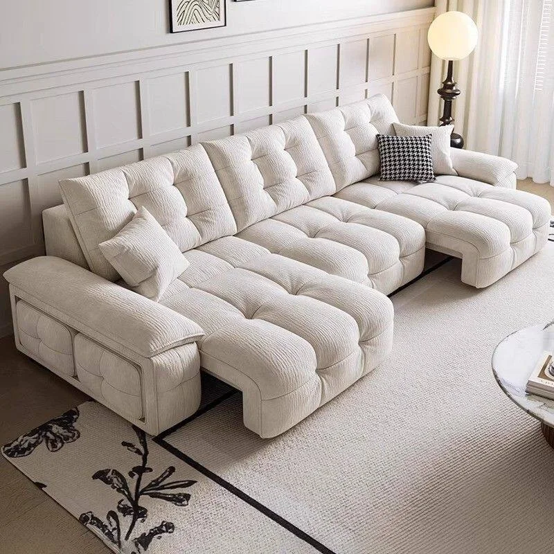 #Premium Chenille Electric Functional Sofa Bed Zero Wall Modern Simple Cream Style Telescopic Wood Frame Living Room Sofa
