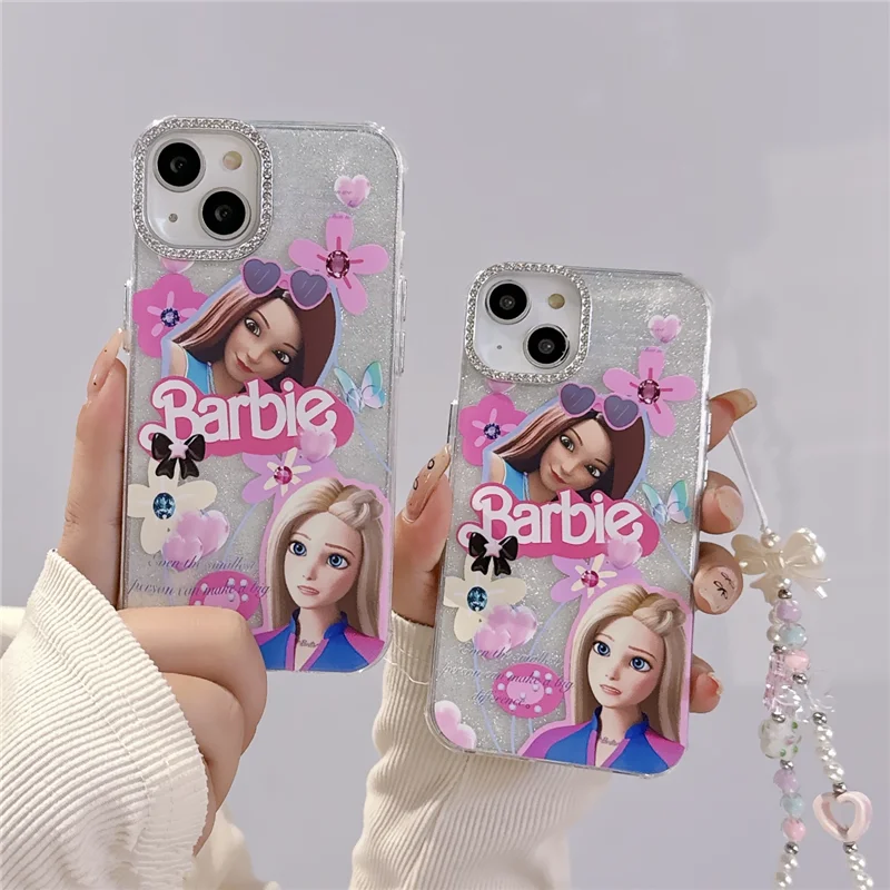 Fashion Barbie Girl Diamond Glitter Phone Case For iPhone 15 14 13 12 Pro Max 15Pro Barbies Trendy women Bracelet Cover