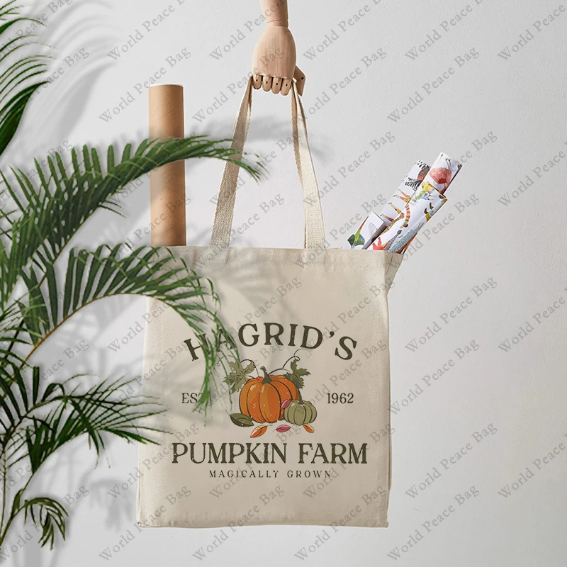 1 pc HAGRID\'s est 1962 pumpkin farm pattern Tote Bag Canvas Shoulder Bag For Travel Daily Commute Women\'s Reusable Shopping Bag