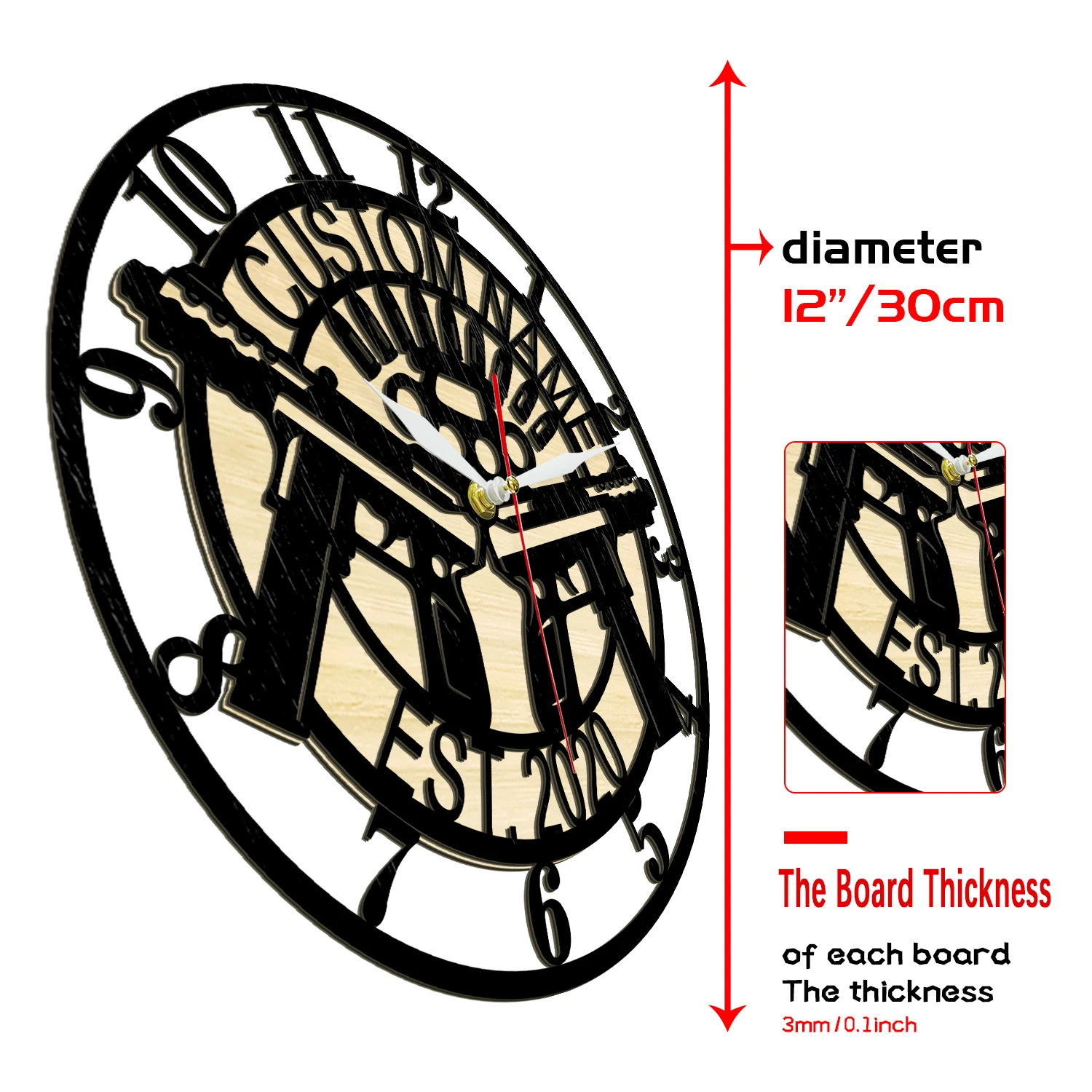 Custom Guns Handguns with Bullets Rustic Timber Wood Clock for Man Cave Personalized Ammo Wooden Wall Clock Gun Enthusiast Gift