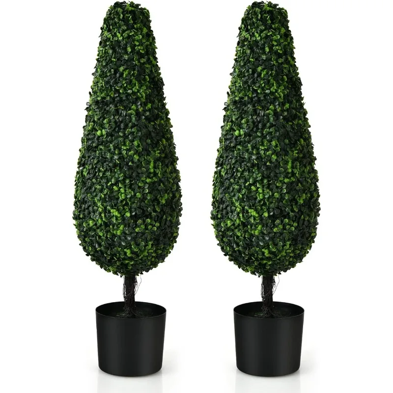 

3ft Artificial Boxwood Tower Topiary Trees, 2 Pack Faux Decorative Plants in Cement-Filled Plastic Pot, Fake Greenery Plants